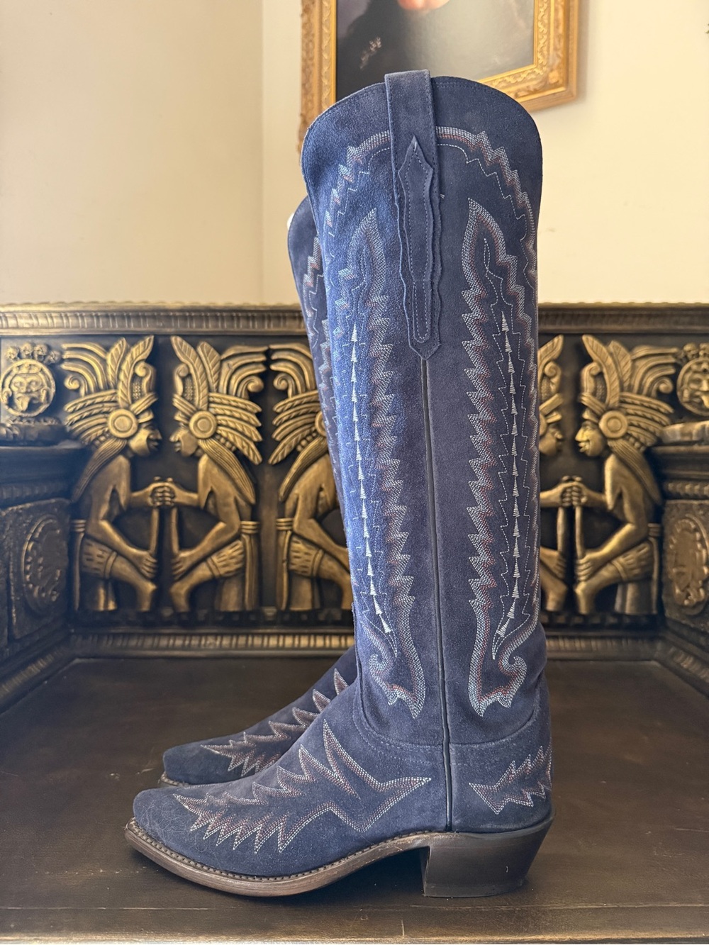 Lucchese Rodeo Exclusive Blazer Navy Blue Suede Tall Western Heeled Boots Sz 7 - Picture 2 of 10